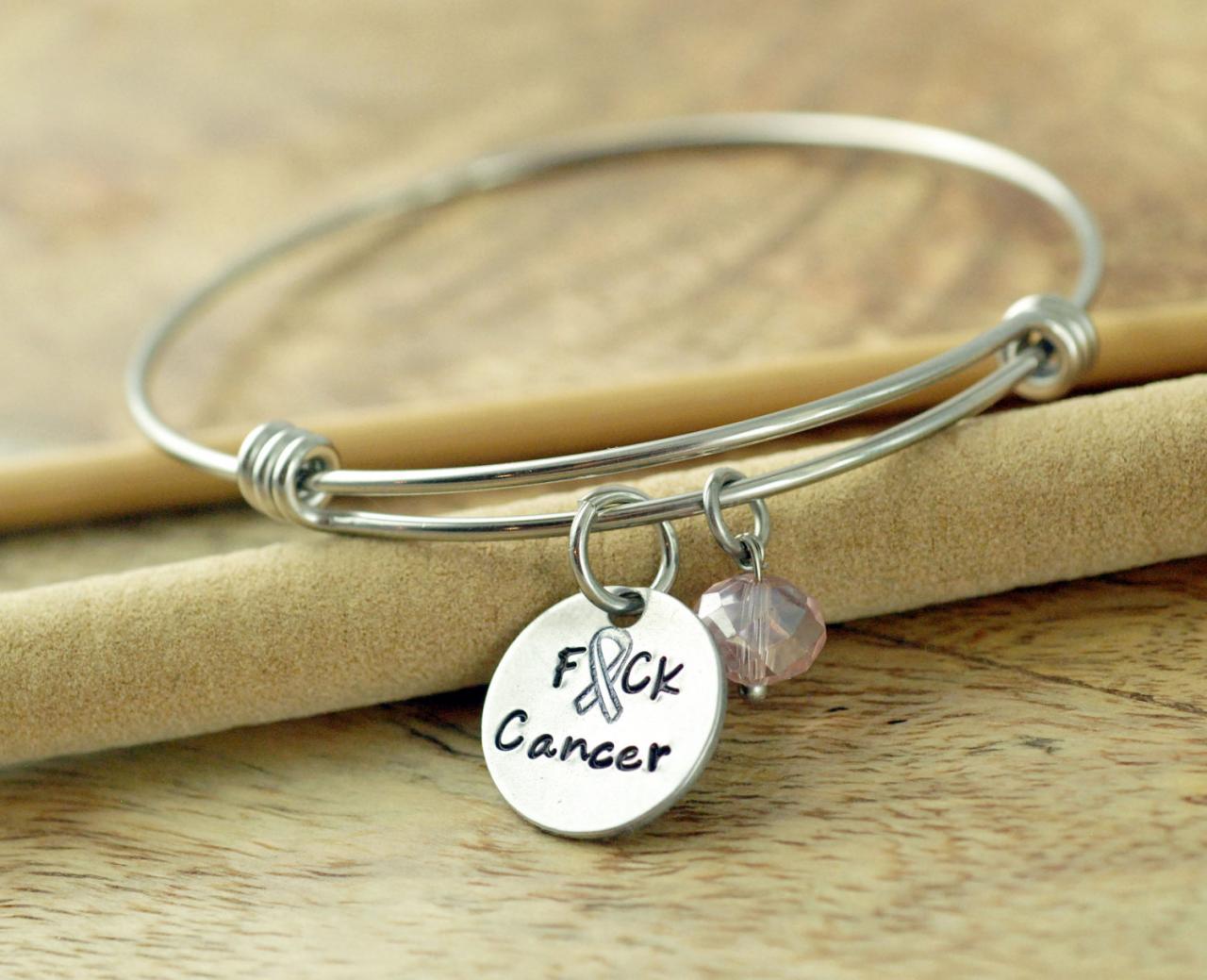 Personalized Hand Stamped Bangle Bracelet, Breast Cancer Awareness Jewelry, F*ck Cancer Bracelet, Alex And Ani, Fuck Cancer