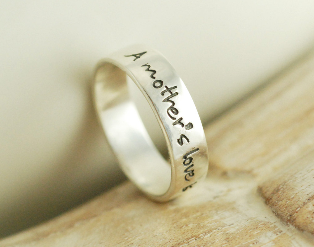 Personalized Hand Stamped Sterling Silver Ring - A Mothers Love Is Never Ending