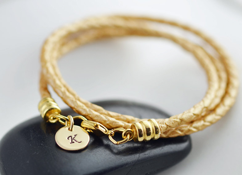 Personalized Gold Leather Cord Wrap Bracelet With 14k Gold Initial Disc, Womens Personalized Leather Bracelet, Womens Jewelry