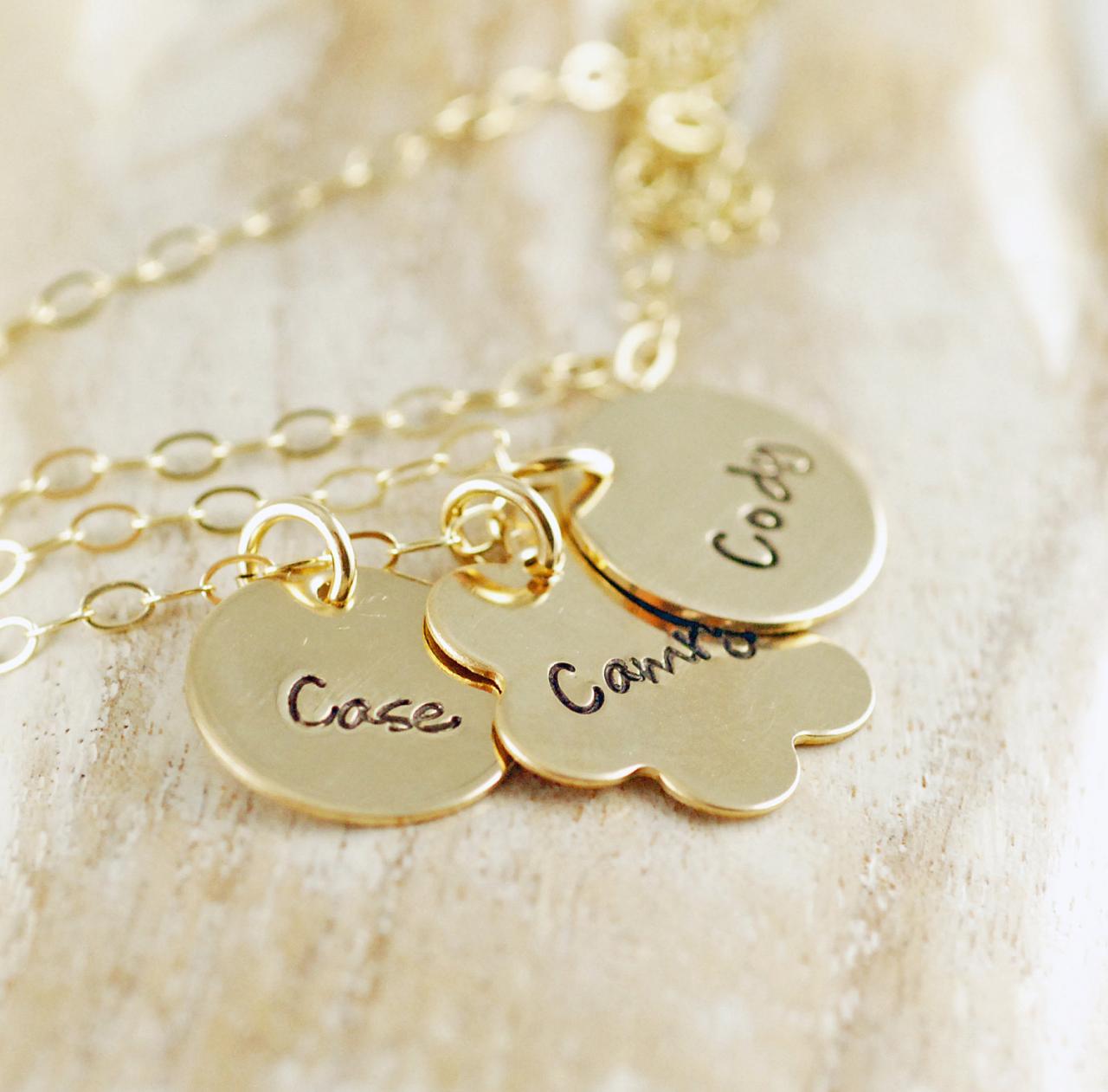Hand Stamped Jewelry - Hand Stamped Necklace - Family Jewelry -personalized Mom Necklace - Gold Discs With Childrens Names - Mothers Jewelry