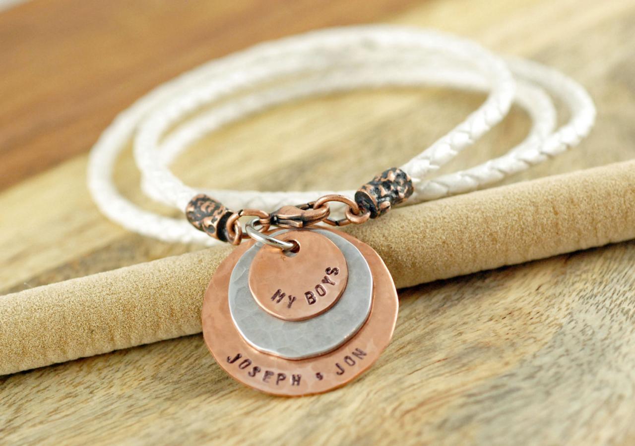 Personalized Hand Stamped Leather Bracelet, Mom Bracelet, Name Charm, Mothers Day Gift, Gift For Her, My Boys, Mixed Metal Bracelet