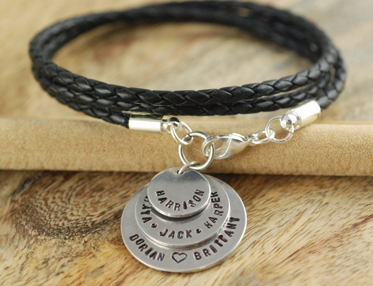Personalized Hand Stamped Leather Bracelet, Mom Bracelet, Name Charm, Mothers Day Gift, Gift For Her, Mothers Jewelry