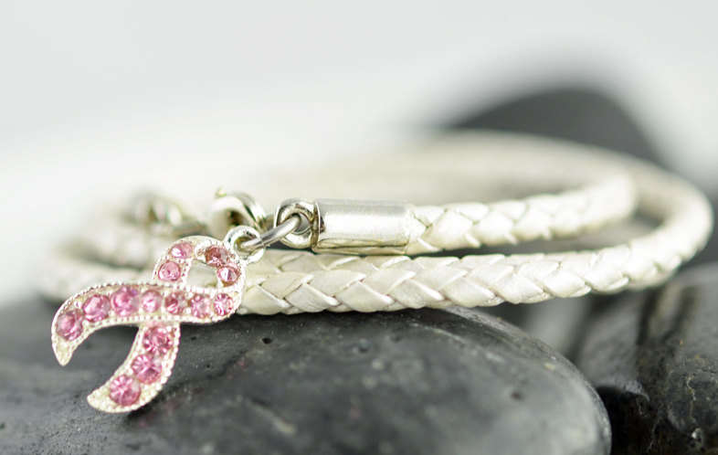 Leather Bracelet - Charm Bracelet - Breast Cancer Ribbon Charm - Survivor Bracelet - Awareness Gift