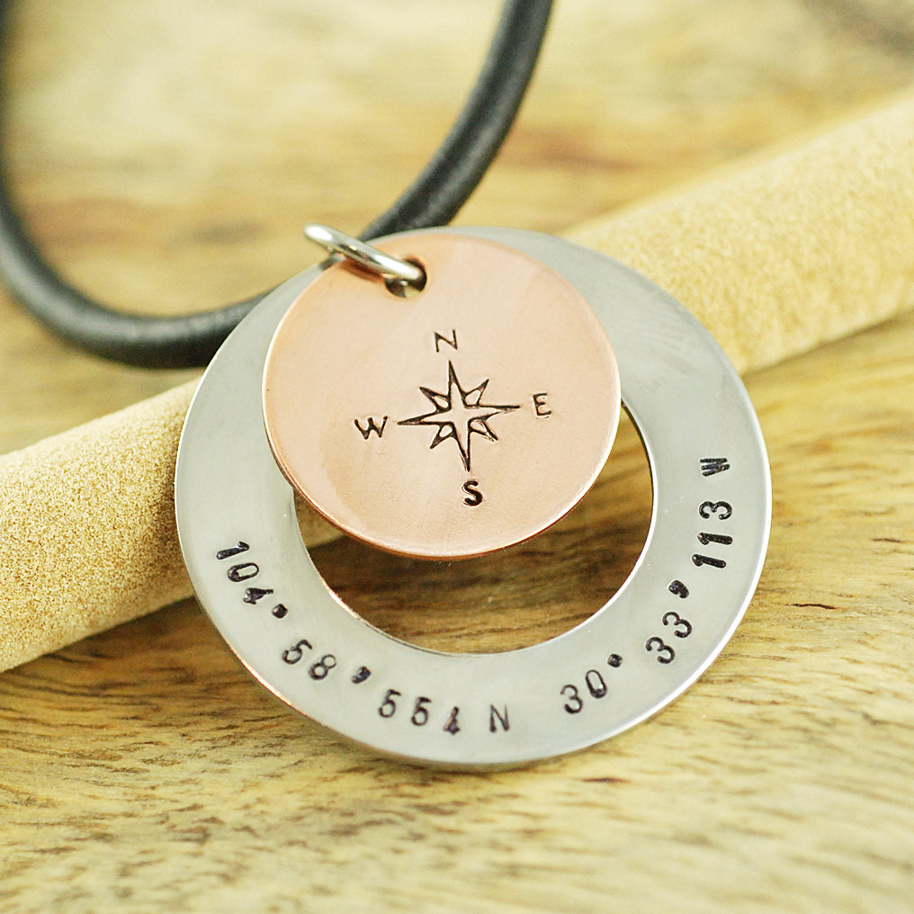 Mens Hand Stamped Copper Washer Necklace, Mens Personalized Jewelry, Fathers Day Gift, Gift For Boyfriend, Gift For Him, Compass Charm