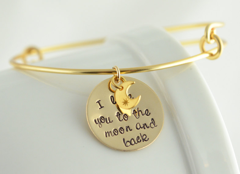 Personalized Bangle Bracelet, I Love You To The Moon And Back, Charm Bracelet, Womens Jewelry, Alex And Ani Inspired