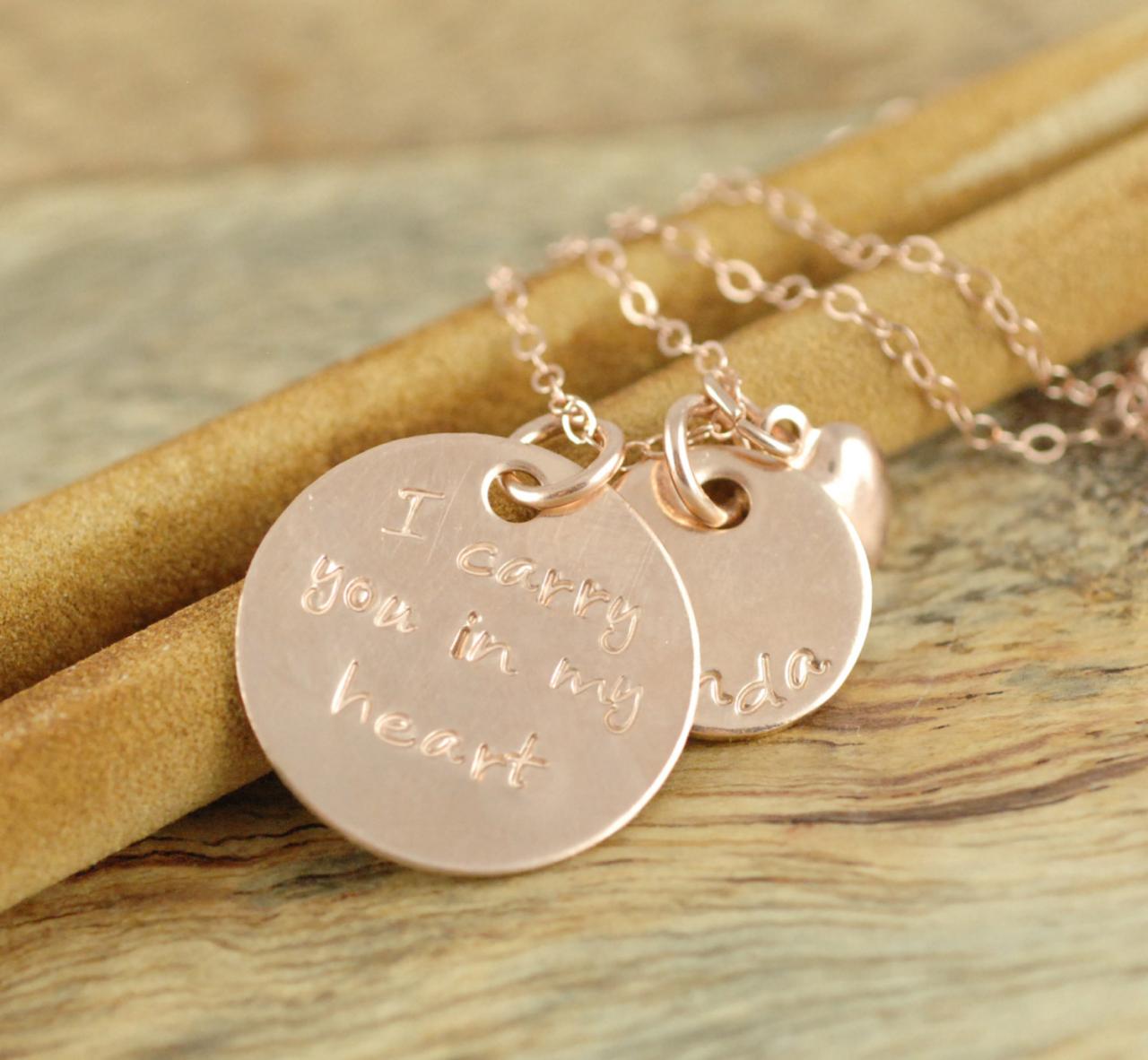 Personalized Jewelry - Mom Necklace - Gift For Her - Rose Gold Necklace - Hand Stamped Necklace - I Carry Your Heart In My Heart