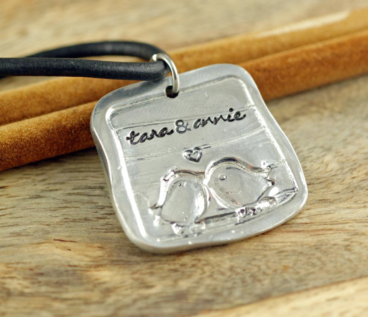 Womens Leather Necklace, Hand Stamped Personalized Jewelry, Personalized Womens Necklace, Love Birds, Charm Necklace