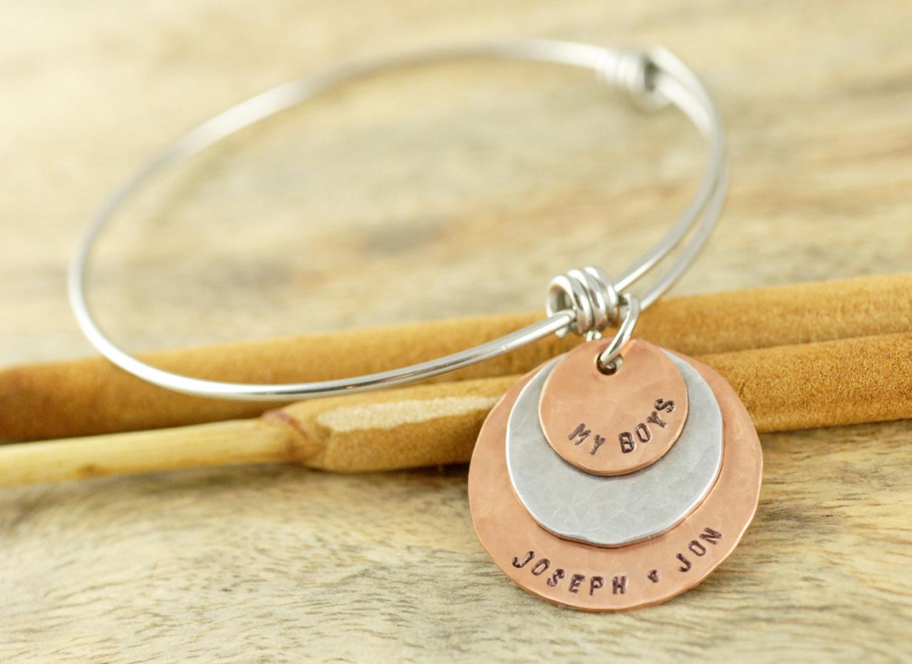 Personalized Hand Stamped Bracelet, Mom Bracelet, Alex And Ani Inspired, Mothers Day Gift, Gift For Her, My Boys, Mixed Metal Bracelet