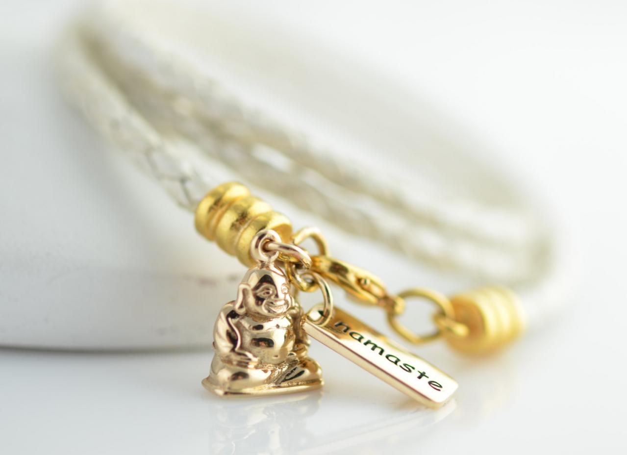 Charm Bracelet, Yoga Bracelet, Womens Leather Wrap Bracelet, Gold Buddha Charm And Namaste Tag Bracelet,braided Leather Wrap Bracelet,
