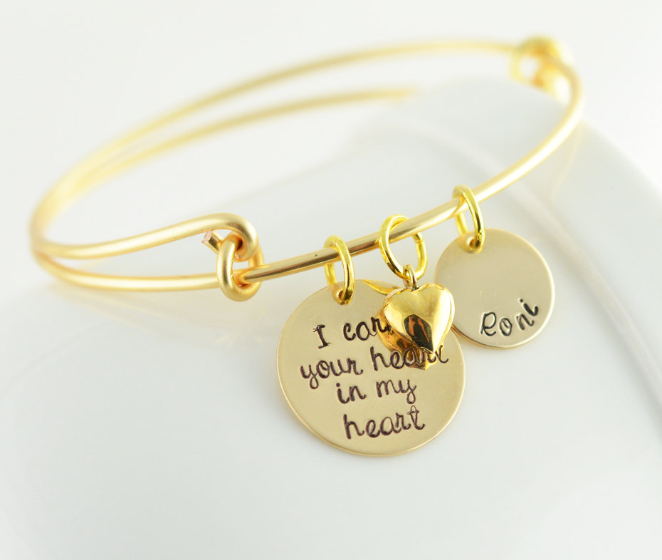 Personalized Hand Stamped Bangle Bracelet, I Carry Your Heart In My Heart, Name Charm, Mothers Day Bracelet, Alex And Ani Inspired