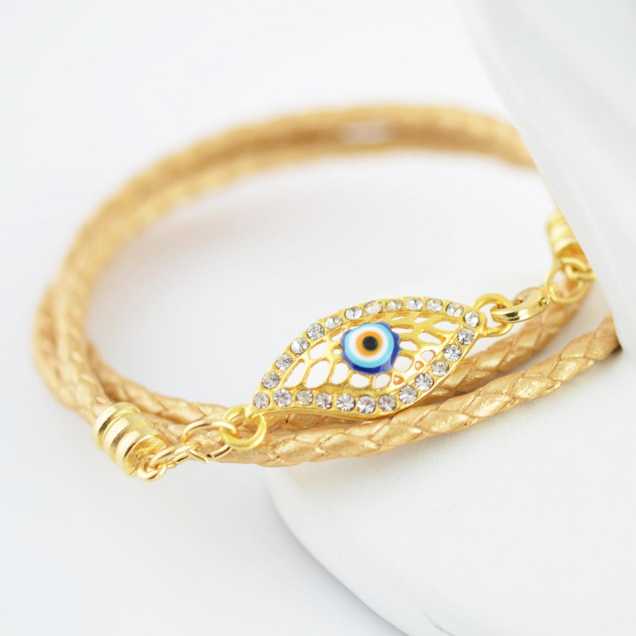 triple wrap bracelet with evil eye charm, gold leather, gold evil eye charm, gift for her, womens jewelry