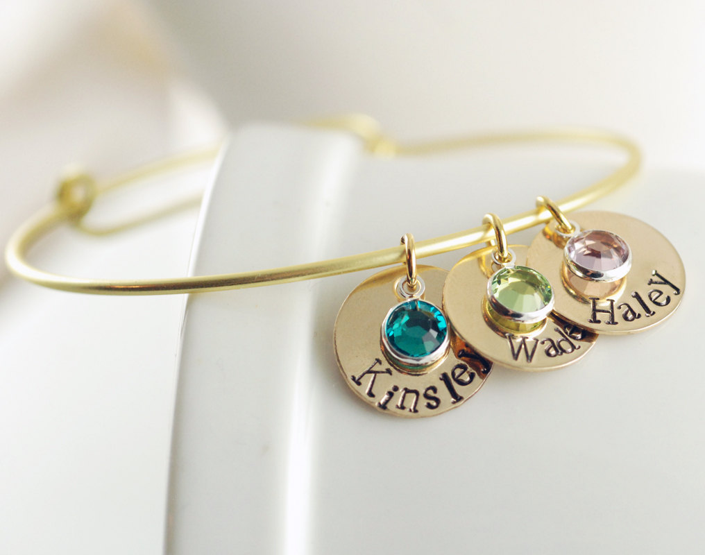 Personalized Hand Stamped Bangle Bracelet, Name Charm Birthstone Bracelet,alex And Ani Inspired