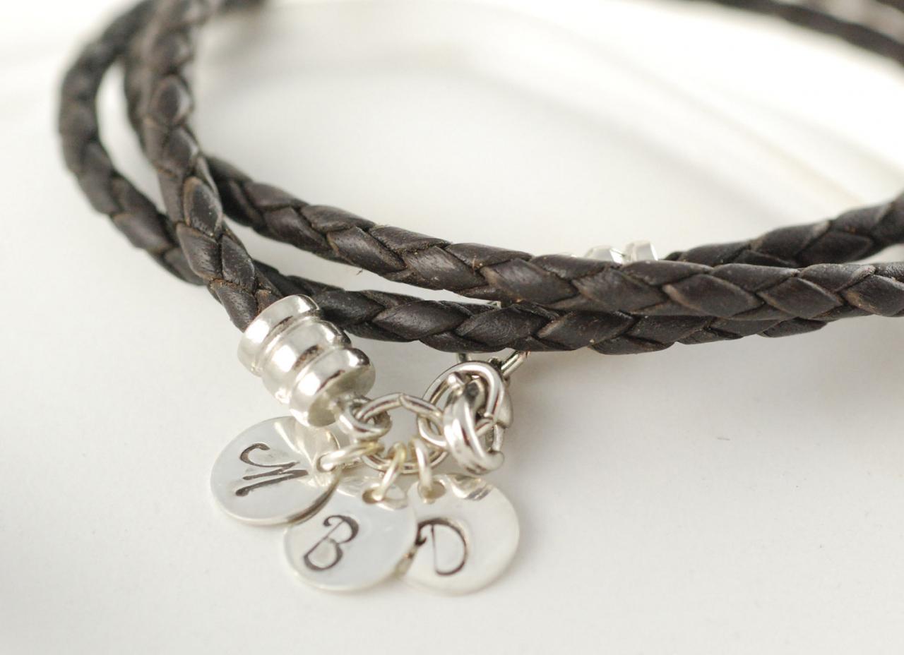 Handstamped Bracelet, Personalized Jewelry,mothers Day Gifts, Leather Wrap Bracelet With Sterling Silver Initial Discs, Bridal Jewelry