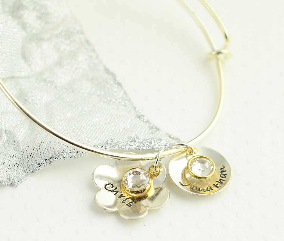Personalized Bangle Bracelet, Name Charm And Birthstone Bracelet, Mixed Metal Bracelet, Gift For Her