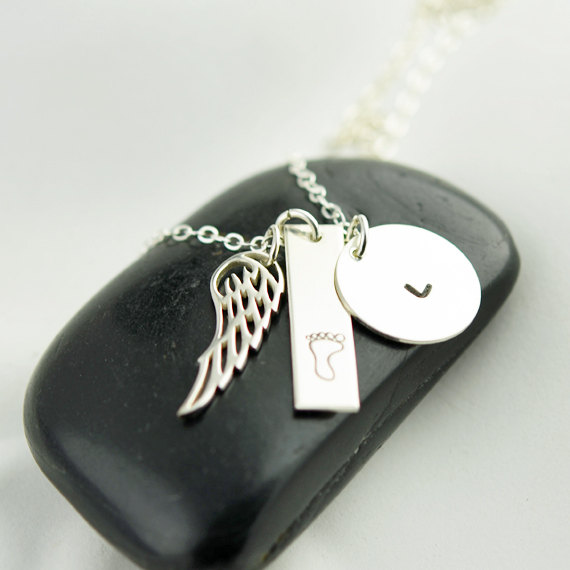 Personalized Hand Stamped Necklace,silver Name Necklace, Angel Wing Necklace, Mommy Jewelry,rememberance Necklace,baby Foot Charm