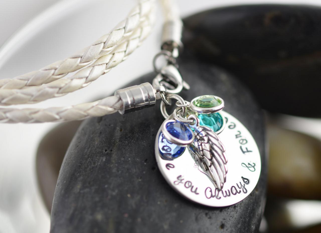 Hand Stamped Mommy Bracelet - Baby Footprint Bracelet- Personalized Charm Bracelet - Mommy Bracelet With Birthstone -wing Charm