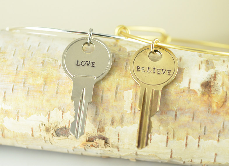 Personalized Hand Stamped Key Bangle Bracelet, Alex And Ani Inspired