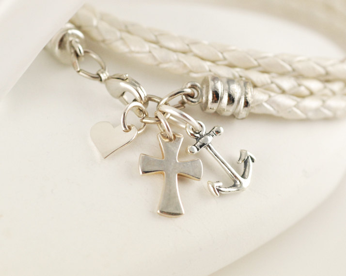 Womens Jewelry, Womens Bracelet, Leather Bracelet, Anchor, Cross, Heart Charm, Hope, Charity, Love