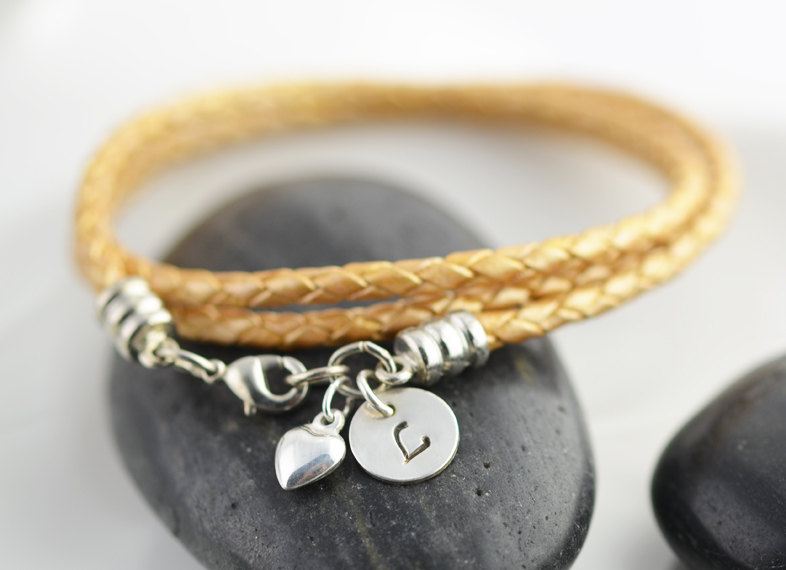 Personalized Bracelet ,bridal Jewelry, Hand Stamped Initial, Leather Bracelet, Heart Charm, Sterling Silver Initial Disc, Womens Jewelry