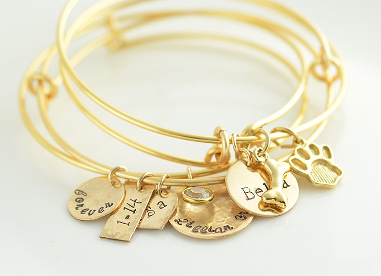 Personalized Bangle Charm Bracelet, Hand Stamped Love Bracelet, Womens Jewelry, Alex And Ani Inspired
