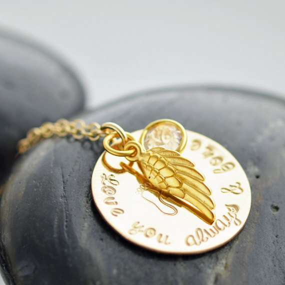 Mommy Jewelry With Baby Feet, Gold Angel Wing, Personalized Necklace, Custom Hand Stamped Necklace, Birthstone Necklace
