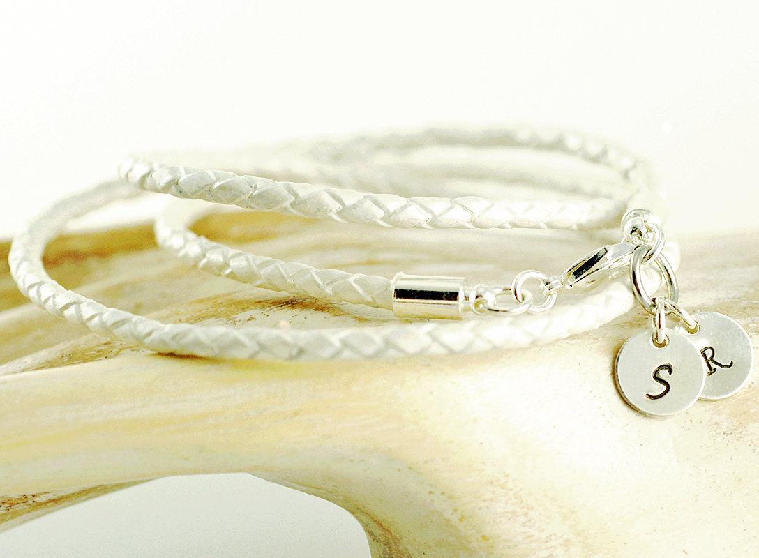 Personalized Silver Initial Leather Wrap Bracelet , Bridal Jewelry, Gift For Her