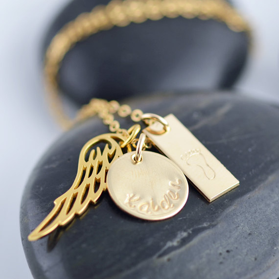 Personalized Hand Stamped Necklace, Gold Name Necklace, Angel Wing Necklace, Mommy Jewelry,rememberance Necklace,baby Foot Charm