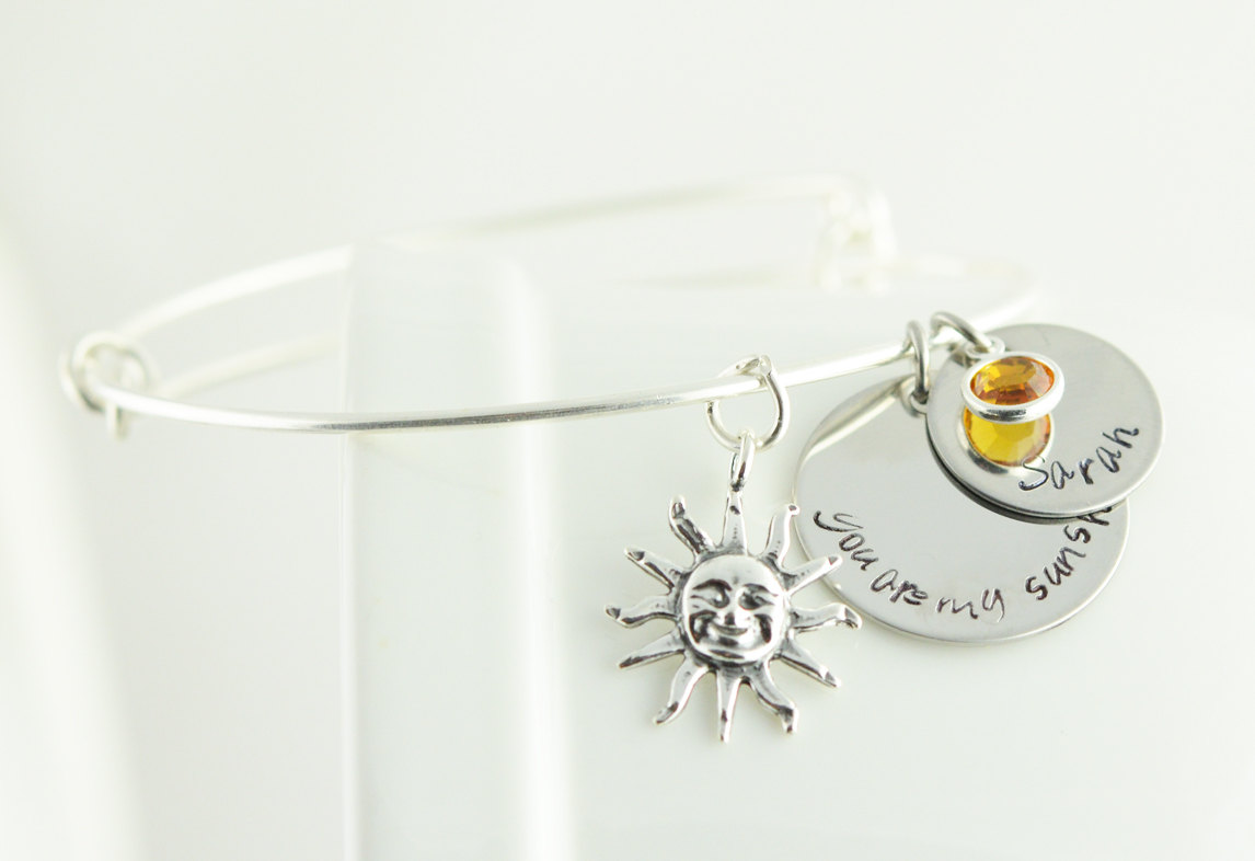 Personalized Bangle Bracelet, You Are My Sunshine Bracelet - Silver Bangle Charm Bracelet - Alex And Ani Style - Name Bracelet