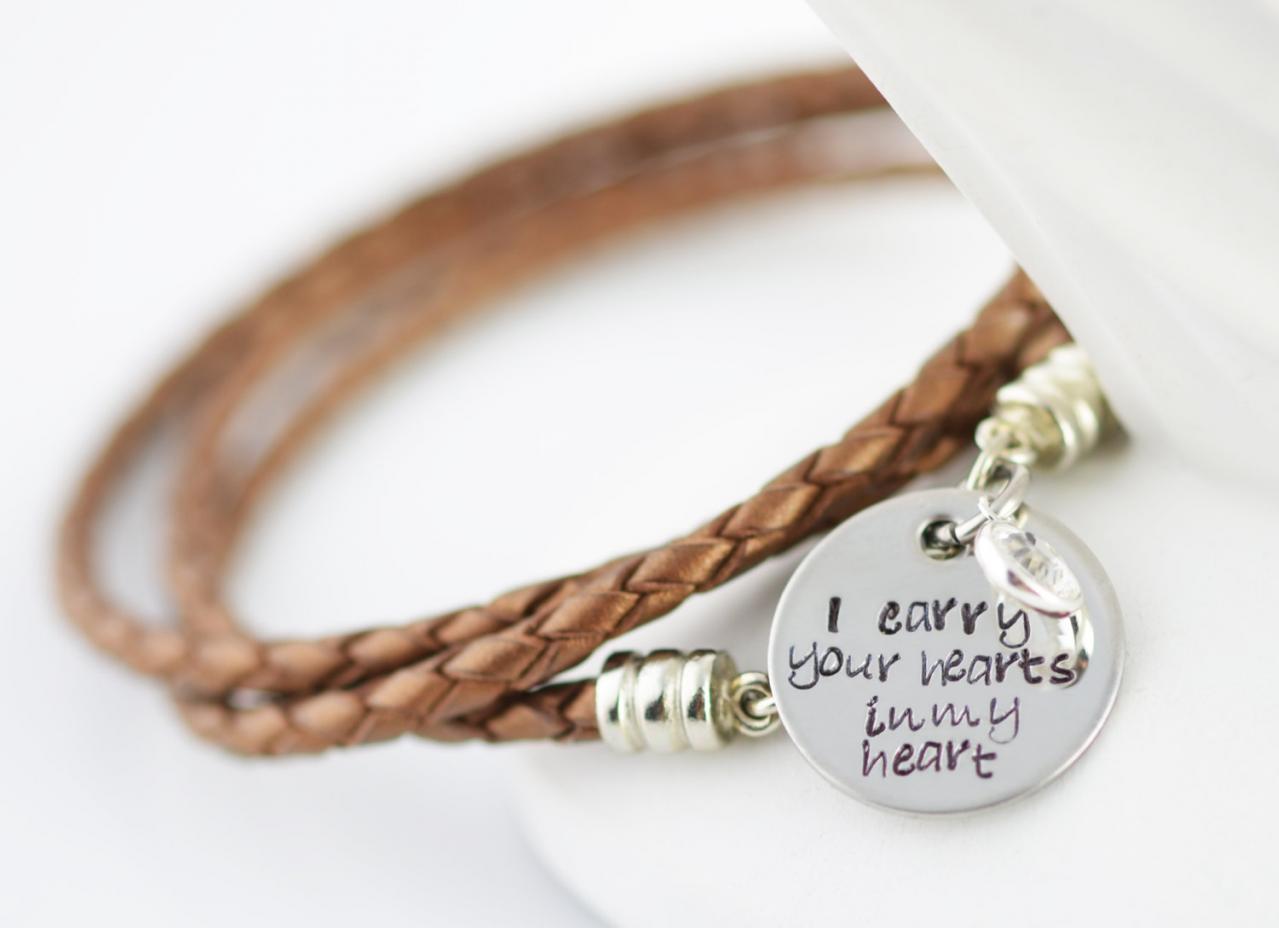 Personalized Hand Stamped Bracelet, Mommy Jewelry,leather Bracelet, Birthstone Bracelet
