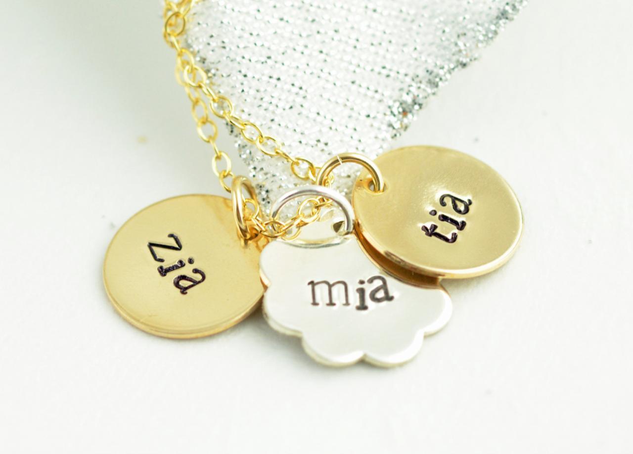 Mother Necklace, Mixed Metal Name Necklace, Personalized Hand Stamped Necklace, Small Disc Necklace
