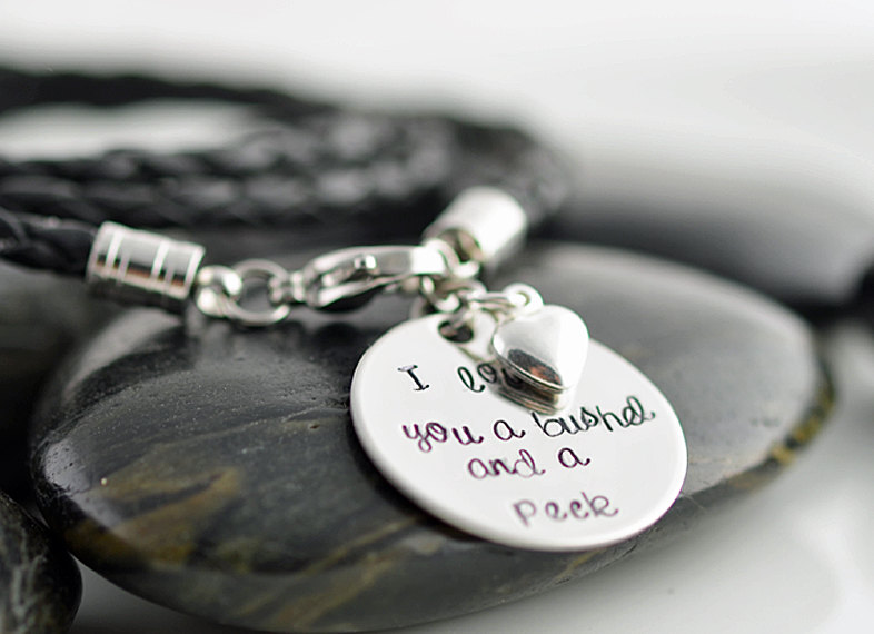 Personalized hand stamped Bracelet, Mommy Jewelry,I love you a bushel and a peck ,Leather Bracelet