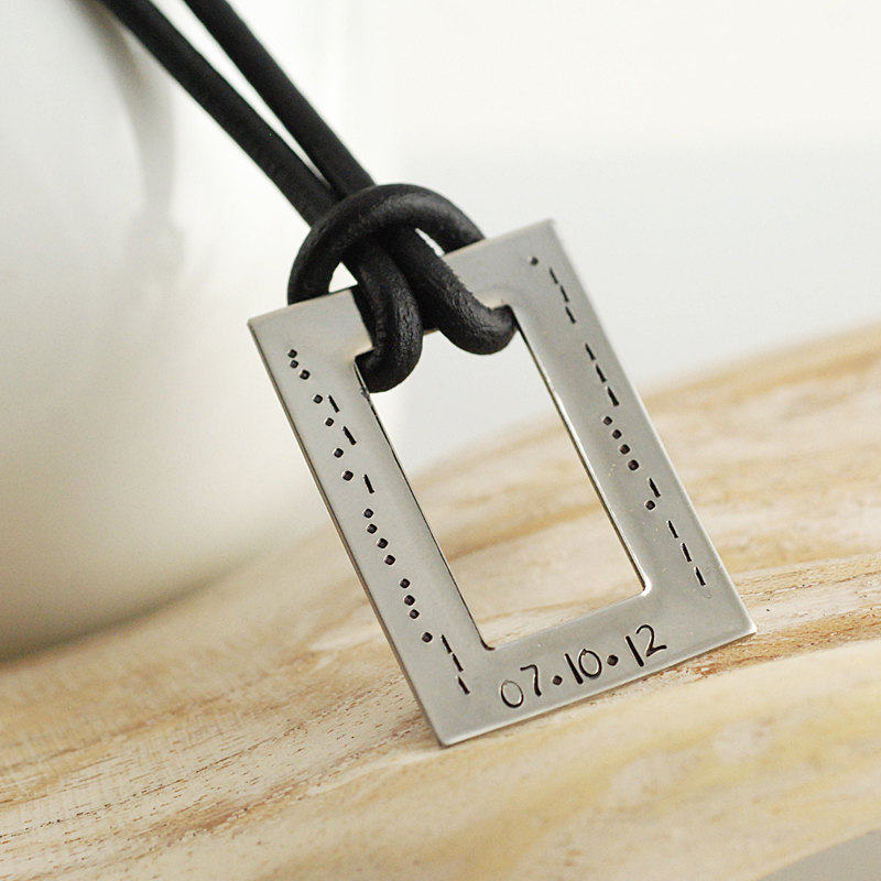 Mens Hand Stamped Rectangle Morse Code Pendant Necklace, Fathers Day Gift, Mens Personalized Necklace