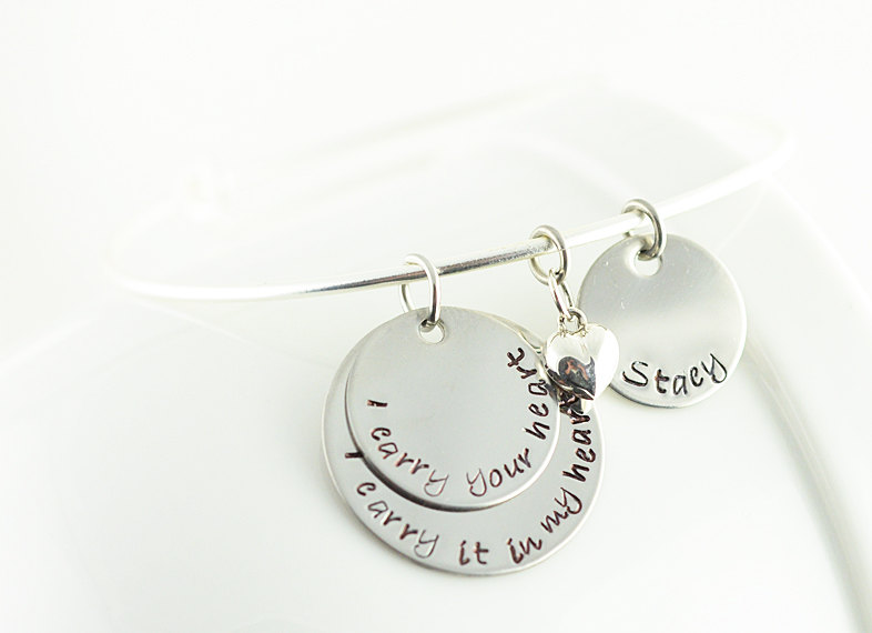 Personalized Bangle charm bracelet, I carry your heart in my heart, bracelet with name disc,alex and ani inspired
