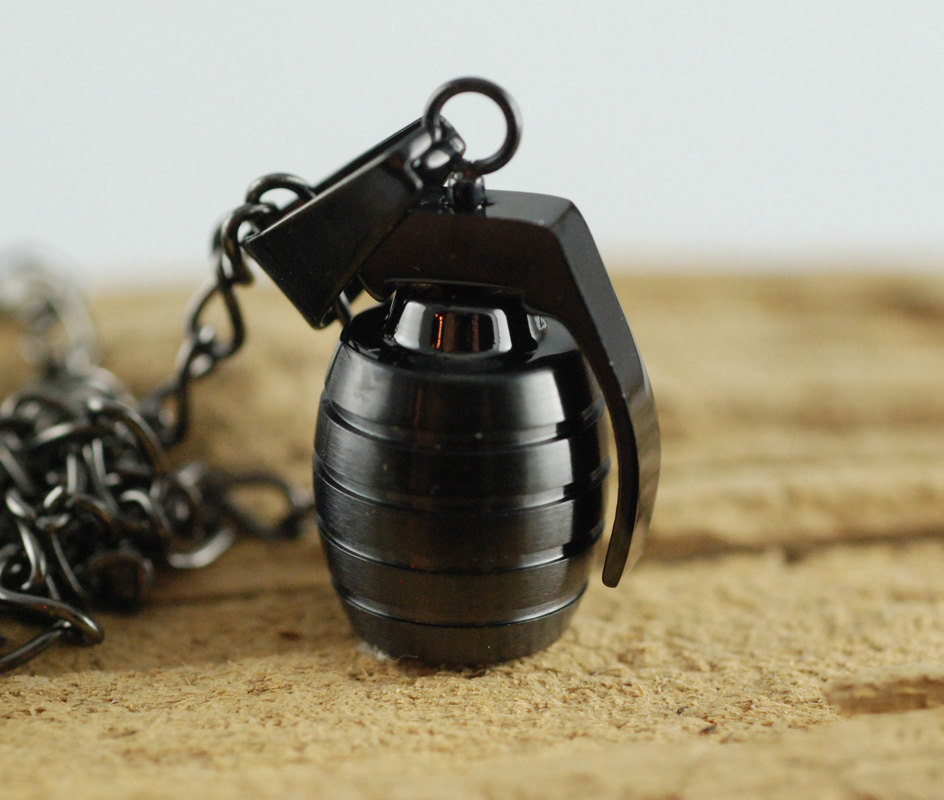Black Grenade Necklace, Mens Hand Grenade Pendant Necklace