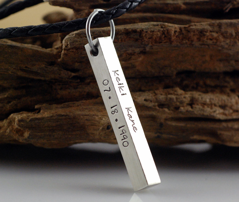 Personalized Hand Stamped Bar Necklace, 4 Sided Bar Pendant, Gift For Dad, Gift For Boyfriend