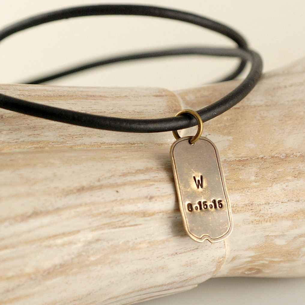 Mens Personalized Vintage Brass Dog Tag Necklace