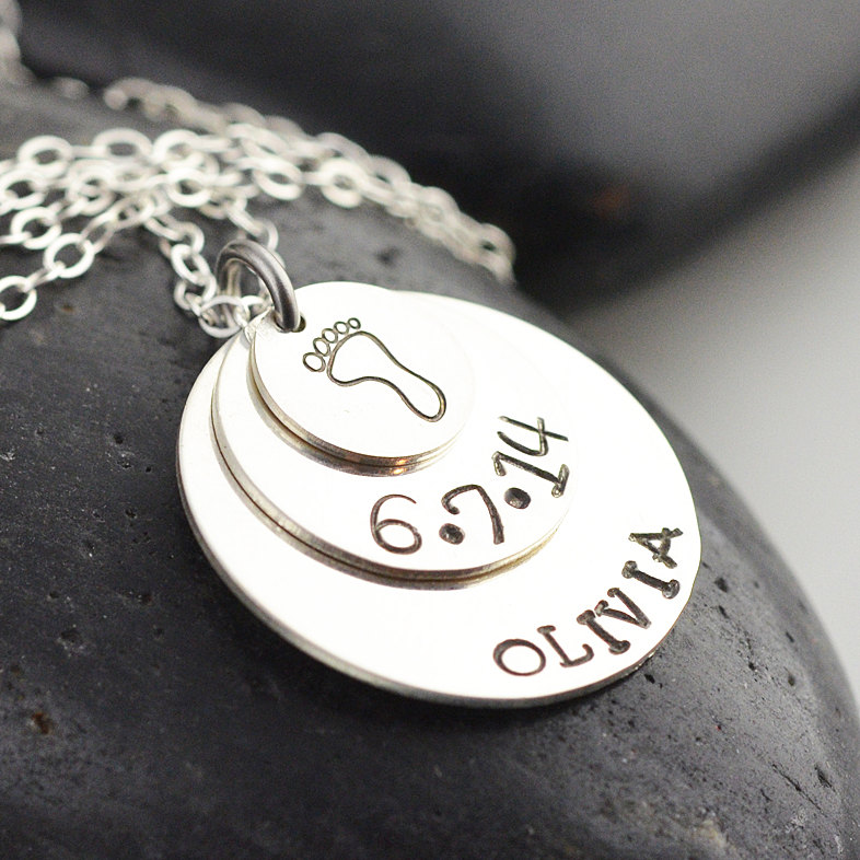 Name Necklace, Baby Foot Necklace, Sterling Silver Layered Disc Necklace, Personalized Hand Stamped Mommy Necklace