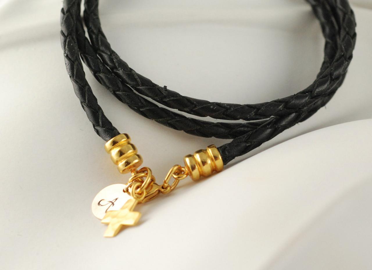 Personalized Hand Stamped, Black Leather Cord Wrap Bracelet With 14 K Gold Initial Disc, 14k Cross Charm