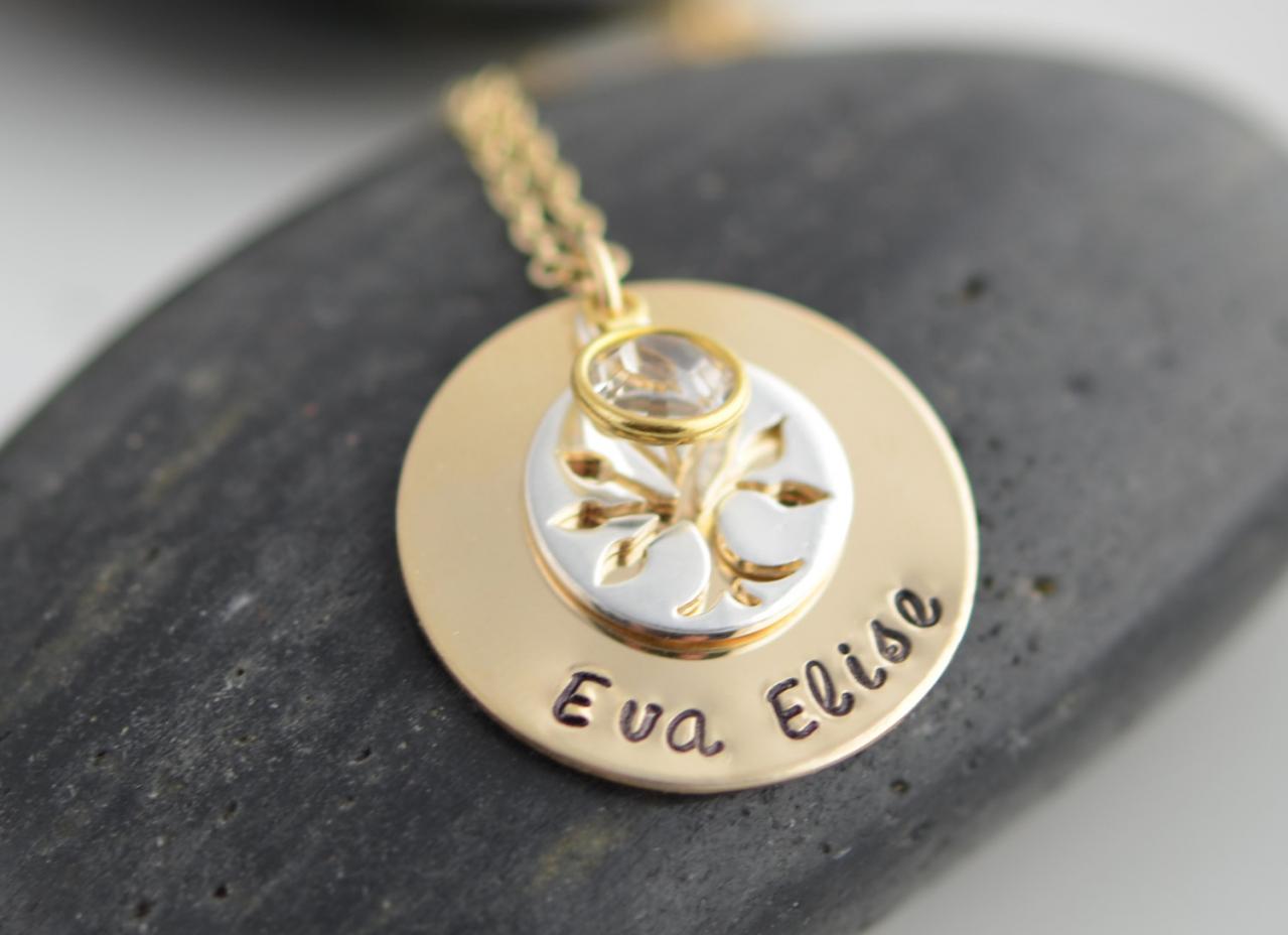 Hand Stamped Gold Necklace, Mommy Jewelry, Sterling Silver Family Tree, Layered Birthstone Necklace, Personalized Necklace, Tree Of Life
