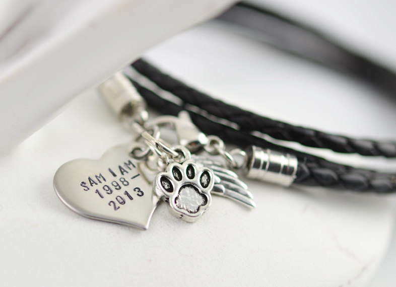 Personalized hand stamped pet bracelet, personalized Pet jewelry, paw charm, wing charm, heart charm