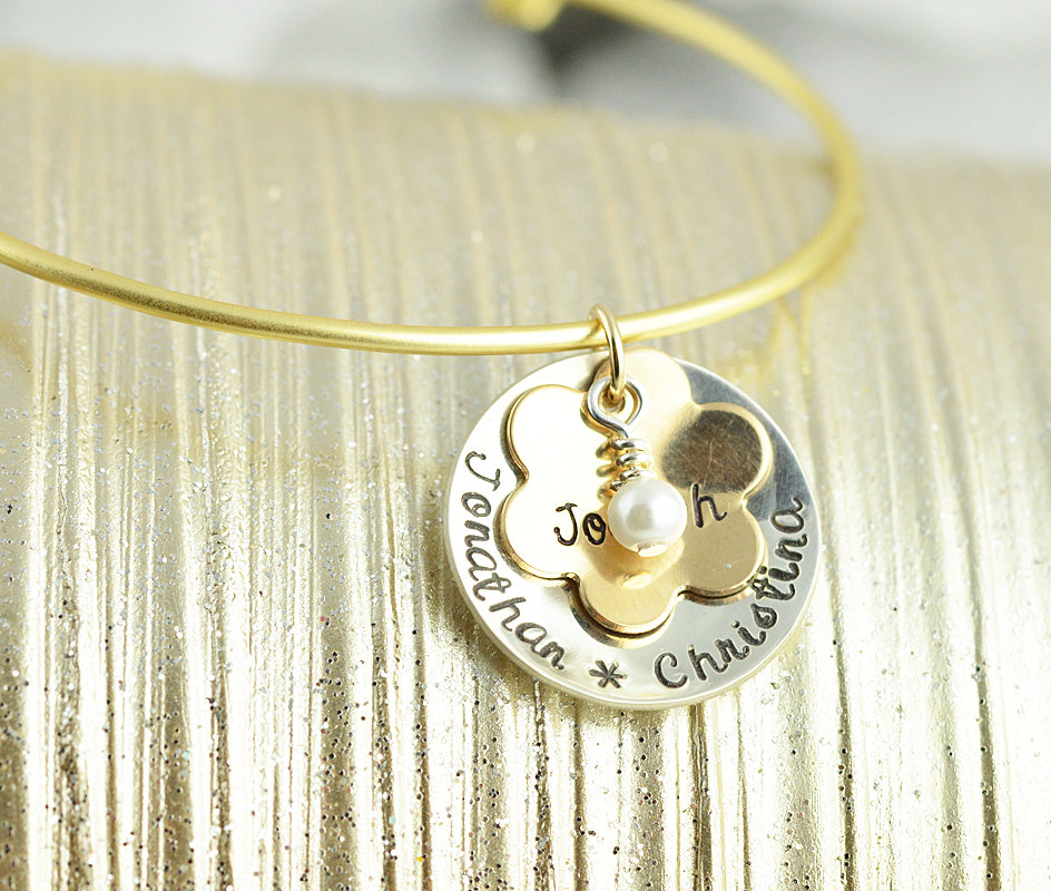 Hand Stamped Bangle Bracelet, Charm Bracelet, Mixed Metal Jewelry, Gift For Her