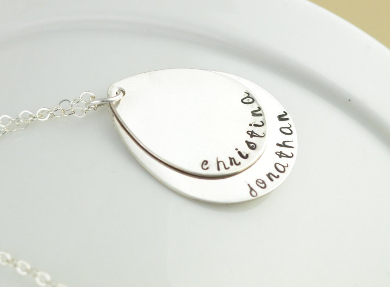 Sterling Silver Oval Layered Name Necklace, Personalized Hand Stamped Mommy Necklace