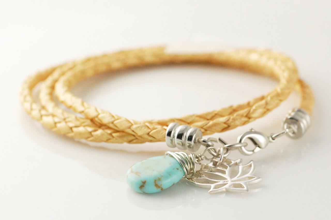Womens leather bracelet, Gold metallic braided leather cord wrap bracelet with sterling silver lotus charm, teardrop turquoise gemstone