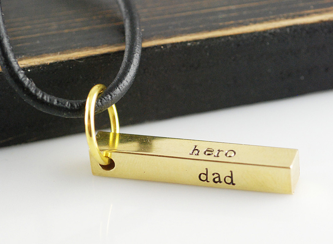 Personalized hand stamped brass bar necklace, gift for dad