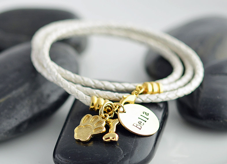 Personalized Hand Stamped Pet Bracelet, Dog Name Bracelet, Wrap Bracelet With Gold Dog Bone And Paw Charm