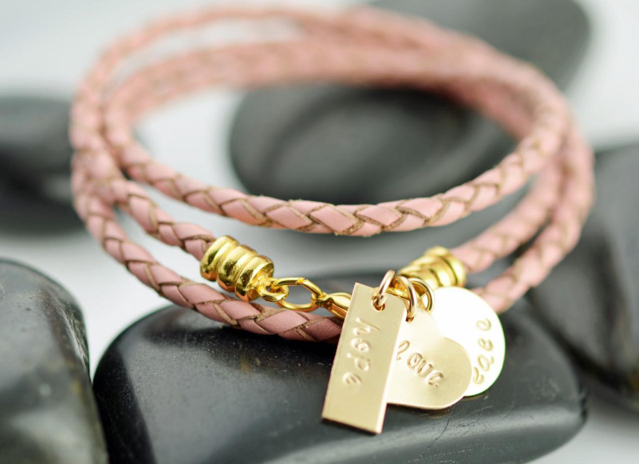 Hand Stamped Bracelet,leather Wrap Bracelet, Friendship Bracelet ,personalized Jewelry, Heart Bracelet