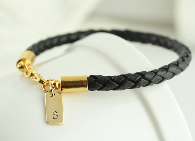 Personalized Mens Gold And Leather Bracelet,gift For Him, Black Leather Bracelet, Fathers Day Gift, Custom Initial Bracelet