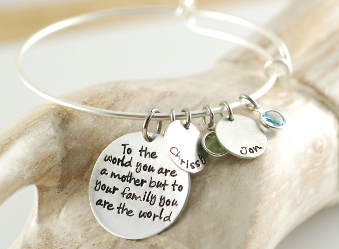 personalized bangle bracelet, hand stamped alex and ani inspired bracelet, mommy braceletTo the world you are a mother