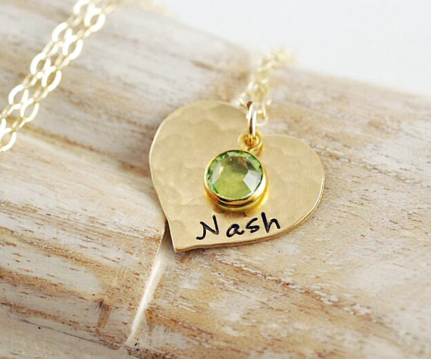 Heart Name Necklace ,birthstone Necklace, Personalized Hand Stamped Necklace, Hand Stamped Gold Heart Necklace, Mommy Jewelry