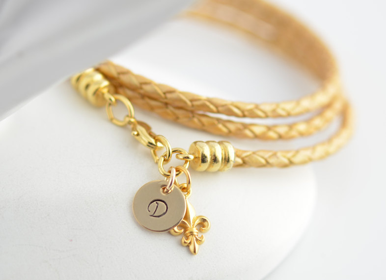Personalized jewelry,bridal jewelry, hand stamped initial,leather bracelet, leaf charm,14k gold initial disc, womens jewelry